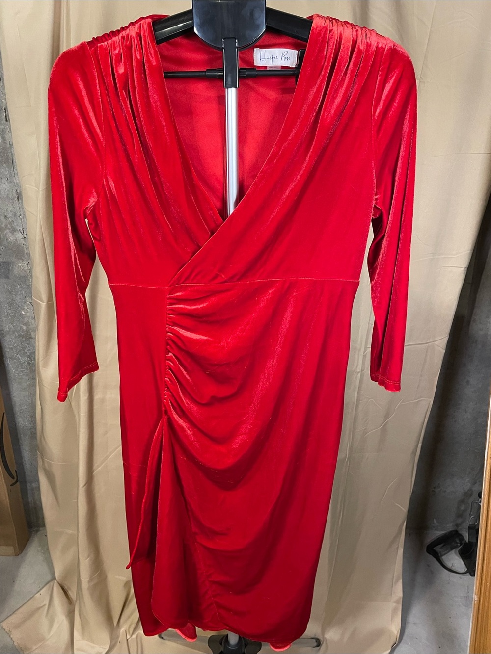 Harper Rose Velvet-Feel Red Ruched Faux-Wrap Long Sleeve Dress